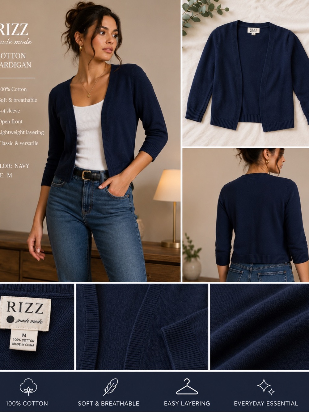 Rizz Navy Cotton Open-Front Cardigan